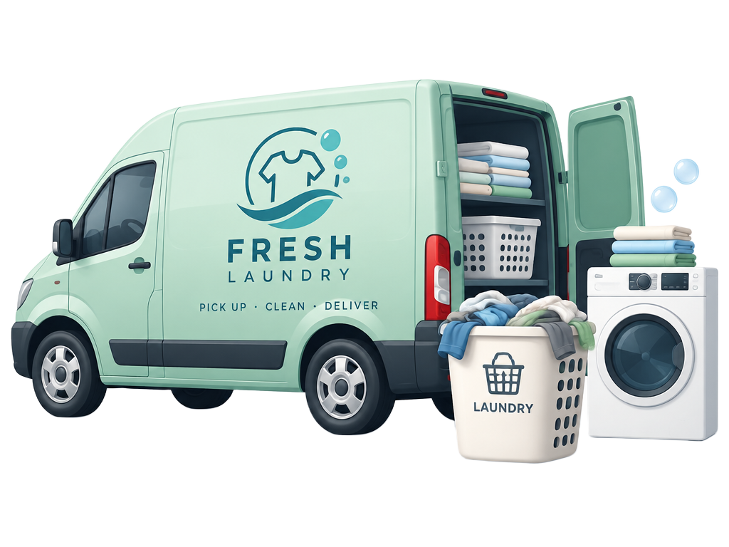 Cartoon delivery van carrying a washer, folded laundry, and a basket